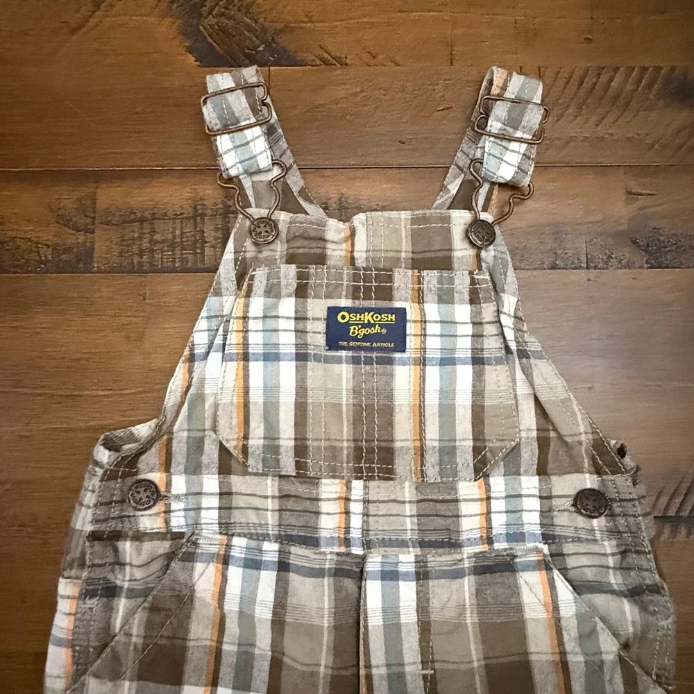 OshKosh Bgosh Plaid Overalls Shortalls Brown Blue Pockets‎ 18 Months